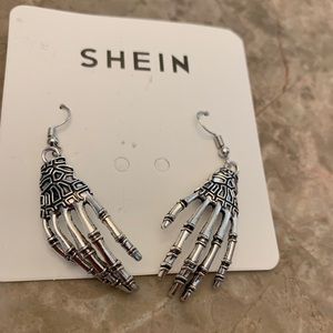 Halloween silver tone goth skeleton hand hook earrings
